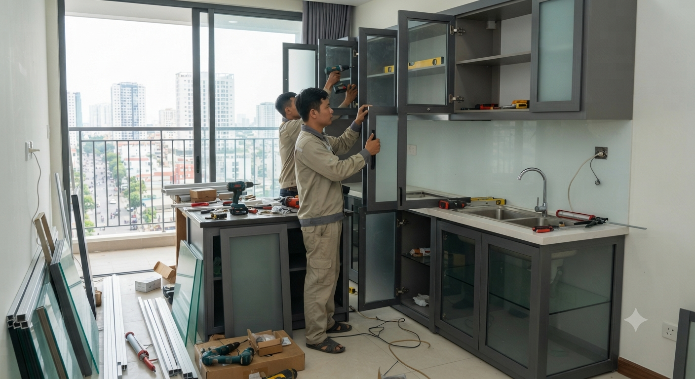 Các yếu tố chính quyết định đến chi phí tủ bếp nhôm kính